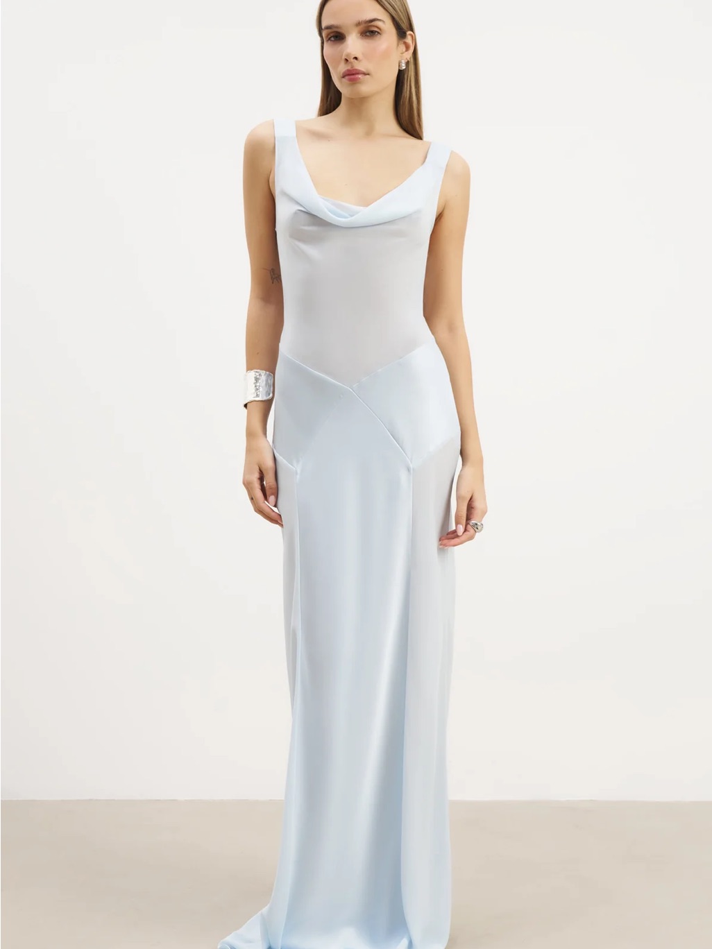 Because Of Alice - Sheer Chiffon Cowl Neck Satin Panel Gown